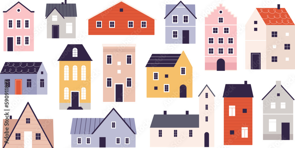 Vibrant doodle flat homes. Isolated houses, abstract city buildings. Urban architecture, cute tiny house. Real estate elements, apartments racy vector set