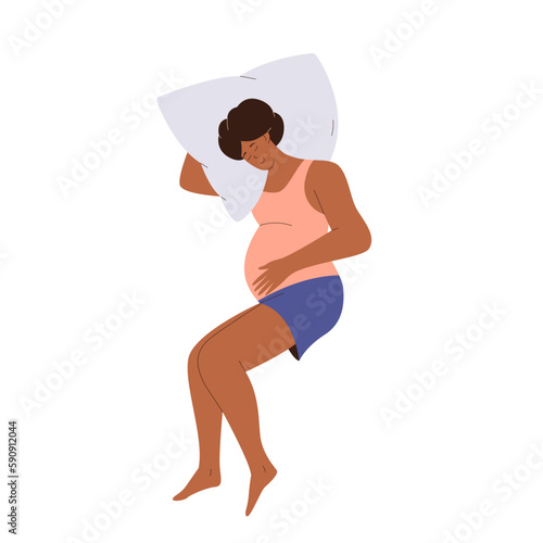 Pregnant woman character wearing pajamas relaxing sleeping on pillow isolated on white background