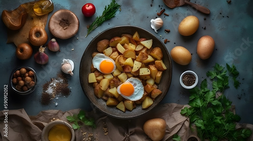 Home fries with lots of ingredients. Generative AI