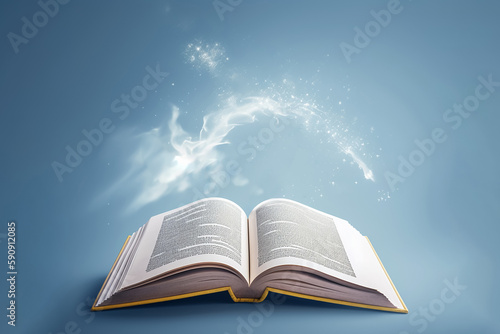 Open magic book with light and sparkles on blue background with copy space. Generative AI