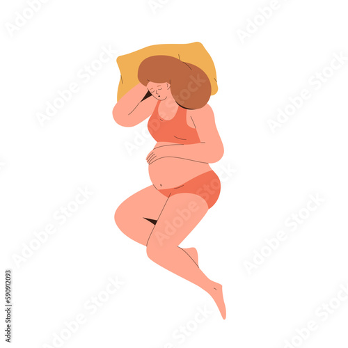 Sleepy pregnant woman character on pillow in right comfort safety position for rest and napping