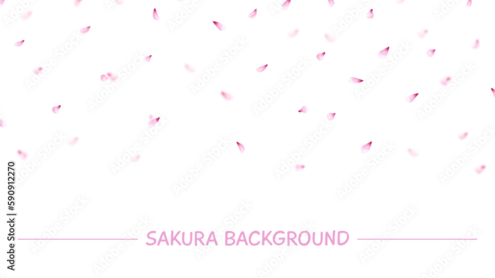 Sakura blooming flying down petals. Pink floral petal, flowers leaves decorative background. Vector spring summer nature festival banner, romantic template