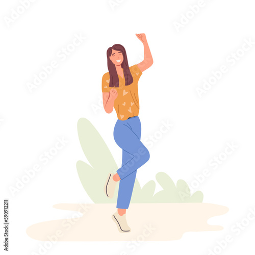 Positive overjoyed woman character rejoicing jumping with raised clenching fist celebrating success
