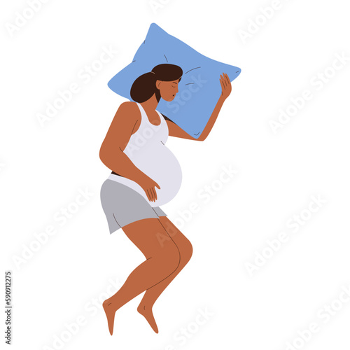 Happy pregnant woman sleeping on pillow dreaming about future childbirth and resting at night