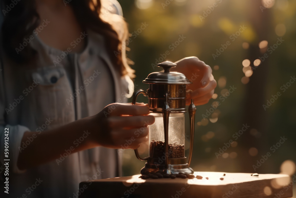 Gentle woman holding coffee jar. Elegant woman holding french press in front of coffee forest