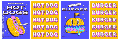 Trendy psychedelic posters set with funny fast food characters. Trippy hot dog  and crazy modern burger. Front and back side poster design. Vector illustration.