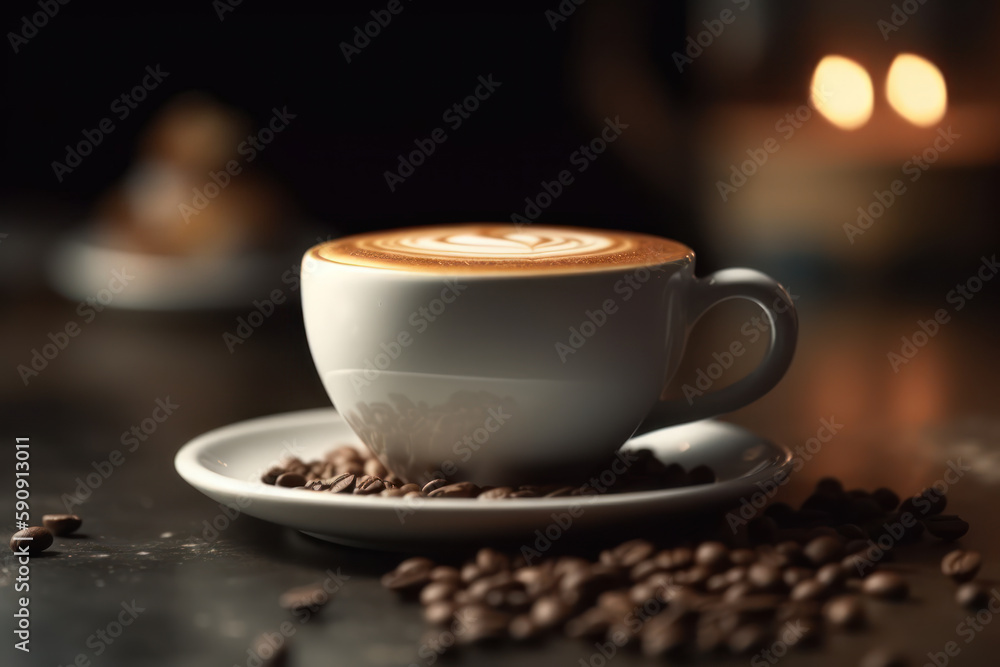 Latte art Coffee water drop to the white color coffee cup with coffee beans on the ground in dark color tone.selective focus the coffee cup.. Generative AI Latte art Coffee water drop to the white color coffee cup with coffee beans on the ground in dark color tone.selective focus the coffee cup.. Generative AI