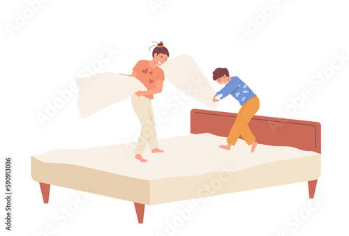 Older sister and younger brother fighting pillows on bed at home bedroom, siblings having fun