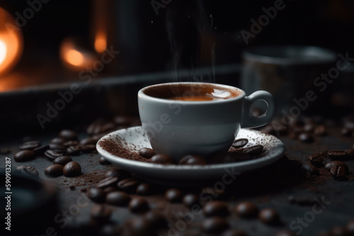 Latte art Coffee​ water​ drop to​ the​ white​ color​ coffee​ cup​ with​ coffee​ beans on​ the​ ground in​ dark color​ tone.selective focus the​ coffee​ cup.. Generative AI