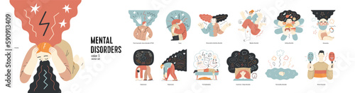 Mental disorders illustration set. PTSD anxiety -fears -dementia, depression, procrastination. Sleep, personality, mood, dissociative identity, bipolar and eating disorders. Emotional traumas concept