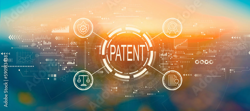Patent concept with blurred cityscape at sunset or sunrise