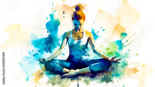 Obraz Painting of woman sitting in yoga position with her hands in the air. Generative AI.