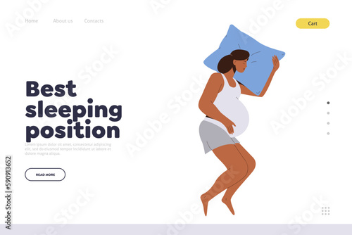Young female character demonstrating best sleeping position for pregnant woman landing page design