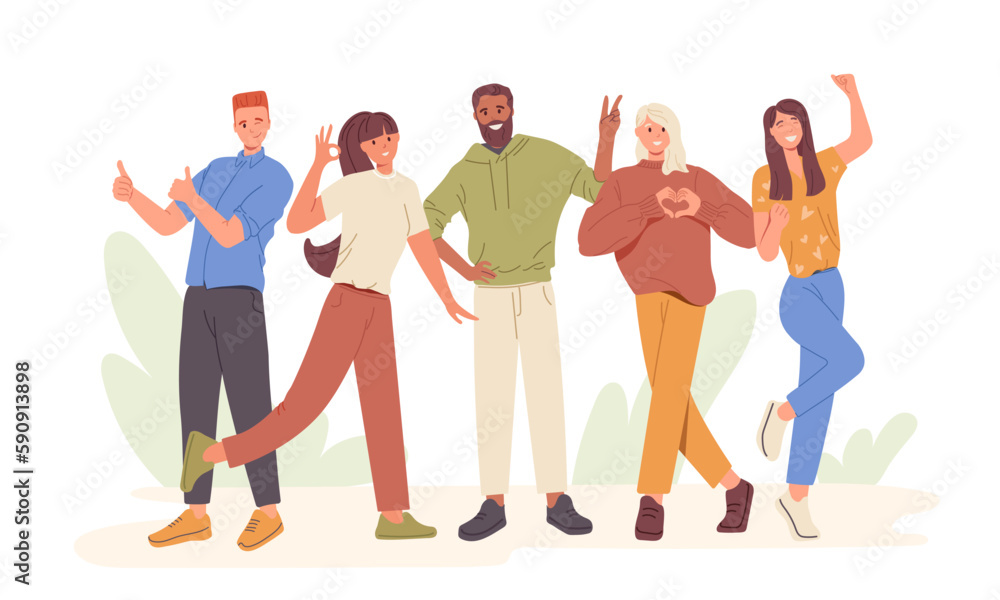 Set of excited happy people showing positive gesture feeling ok, love, cool, amazement and victory Set of excited happy people showing positive gesture feeling ok, love, cool, amazement and victory
