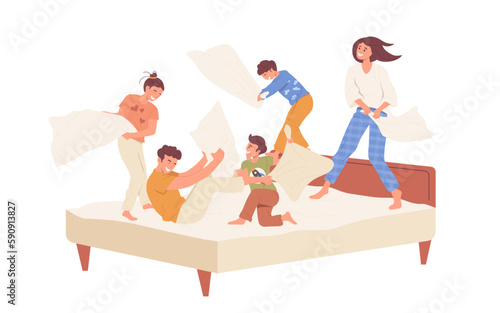 Overjoyed children having fun with excited parents fighting with pillow on bed in bedroom at home