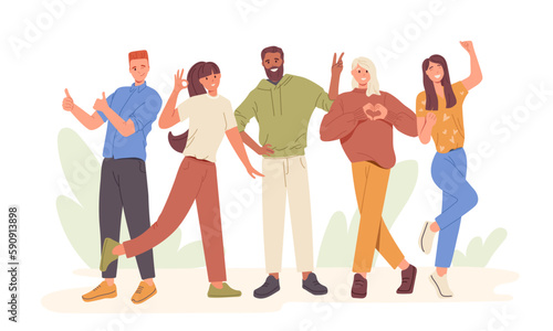 Set of excited happy people showing positive gesture feeling ok, love, cool, amazement and victory