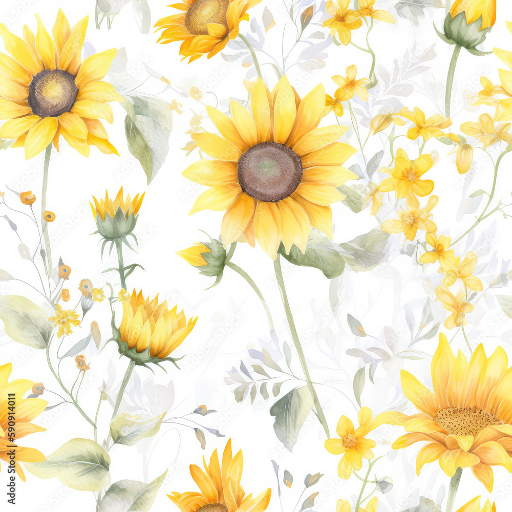 Fototapeta premium Seamless texture with bright yellow sunflowers. Tile pattern. Generative AI