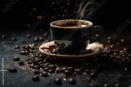 Latte art Coffee​ water​ drop to​ the​ white​ color​ coffee​ cup​ with​ coffee​ beans on​ the​ ground in​ dark color​ tone.selective focus the​ coffee​ cup.. Generative AI