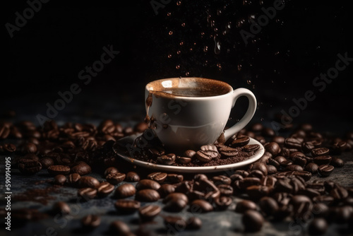 Latte art Coffee​ water​ drop to​ the​ white​ color​ coffee​ cup​ with​ coffee​ beans on​ the​ ground in​ dark color​ tone.selective focus the​ coffee​ cup.. Generative AI