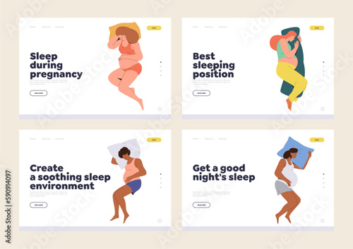 Set of landing page with tips for best sleeping position and bedding accessories during pregnancy