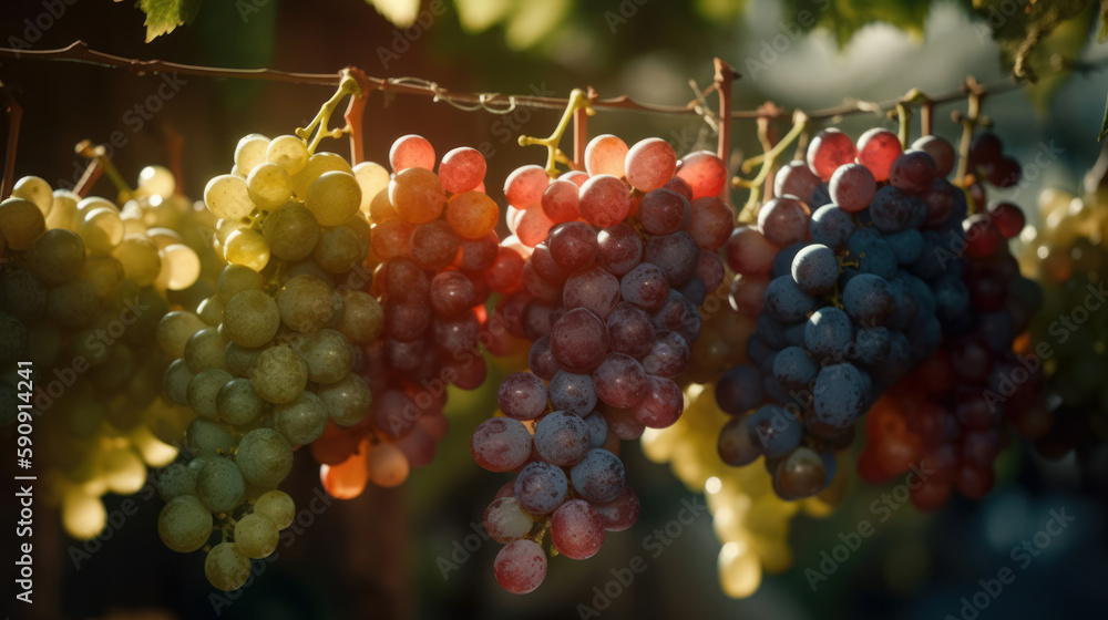 a bunch of grapes, assorted vineyards with leaves on the background. Macro plan. Created by AI.