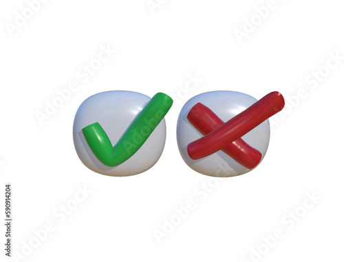 Realistic right and wrong. A set of glossy round icons with a check mark, a sign of the cross. 3d minimalist style. 3d rendering