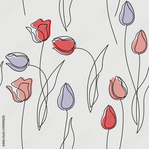 Flowers seamless pattern. Abstract tulips floral line continuous vector illustration. Botanical outline backdrop. Wallpaper, background, fabric, textile, print, wrapping paper or package design.