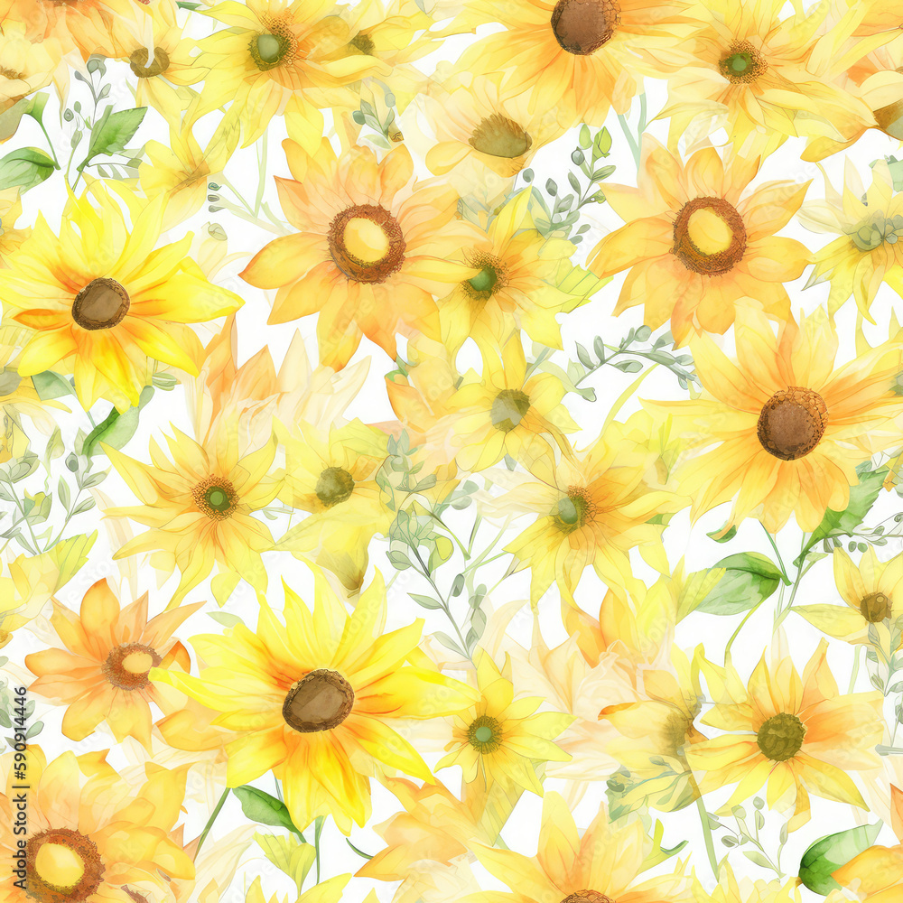 Seamless texture with bright yellow sunflowers. Tile pattern. Generative AI Seamless texture with bright yellow sunflowers. Tile pattern. Generative AI