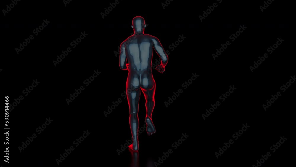 Basic human male figure running - back view - neon lighting - VFX element with alpha mask - isolated on black background Basic human male figure running - back view - neon lighting - VFX element with alpha mask - isolated on black background