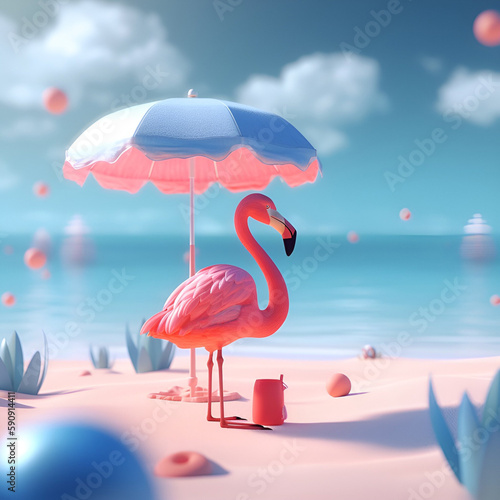 Cute pink flamingo under beach umbrella, wearing sunglasses on sandy ocean beach. Summer vacation poster. AI generated content.