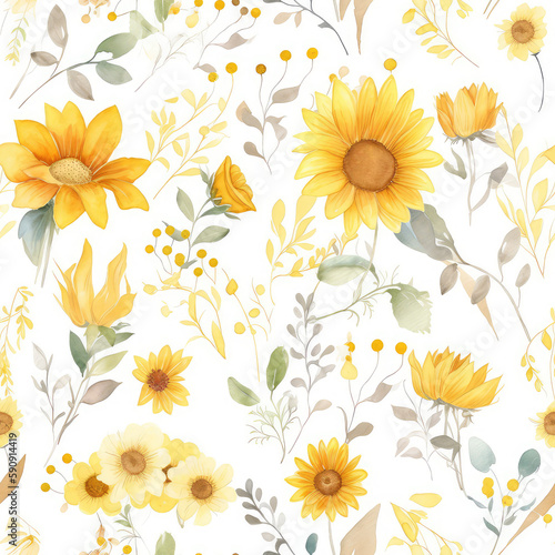 Seamless texture with bright yellow sunflowers. Tile pattern. Generative AI