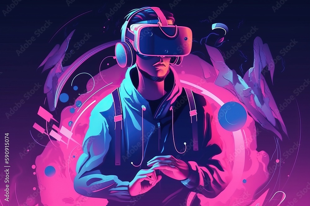 A male character uses a virtual reality device metauniverse, generative AI.