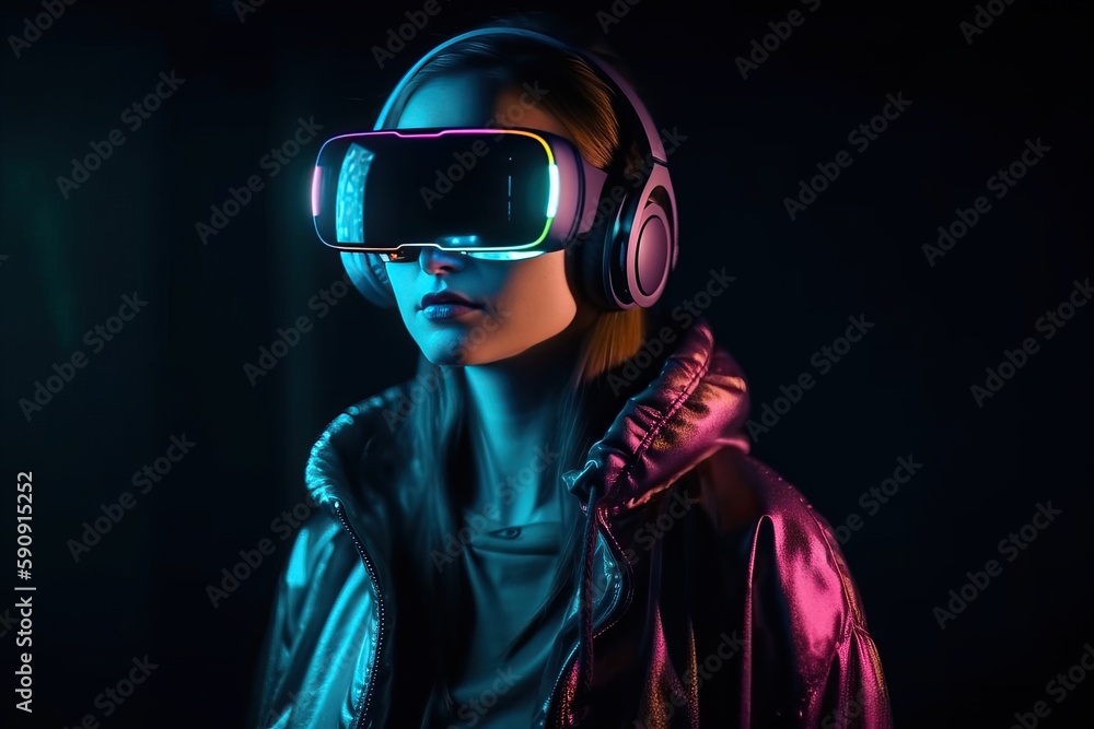A young girl put on VR glasses, virtual reality and a device that reproduces her, generative AI. A young girl put on VR glasses, virtual reality and a device that reproduces her, generative AI.