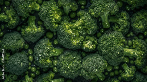 Background of fresh broccoli in water drops  summer green vegetable. Created with AI.