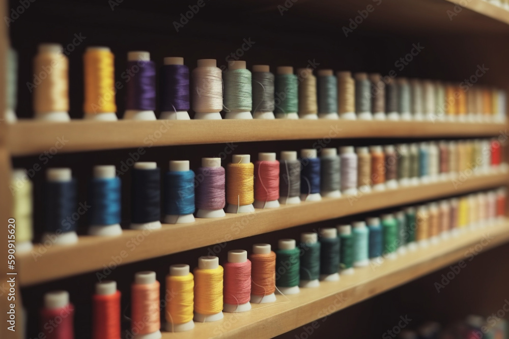 Multicolored thread spool in storehouse shelf  Generative AI