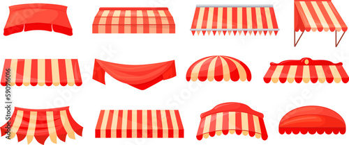 Store canopies. Red storefront canopy or striped awnings outdoor shop, sunshade sheltered market rain tent for roof restaurant window umbrella summer cafe, neat vector illustration