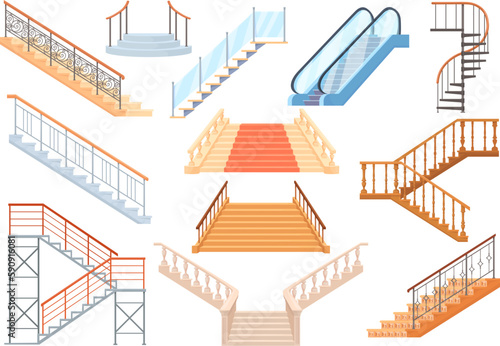 Cartoon staircases. Wooden stone and metal staircase, vintage spiral stairway or subway escalator, carpet marble stairs on top