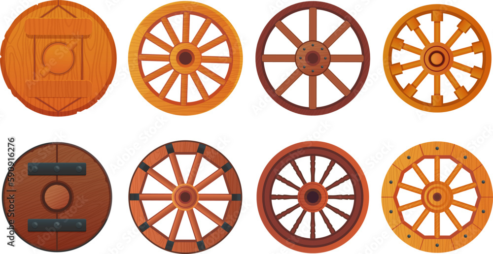Wooden wheels. Cartoon wood wheel of ancient wagons or rustic wheelbarrows, vintage cartwheel with hub farm cart van wheeled vintage carriage isolated ingenious vector illustration