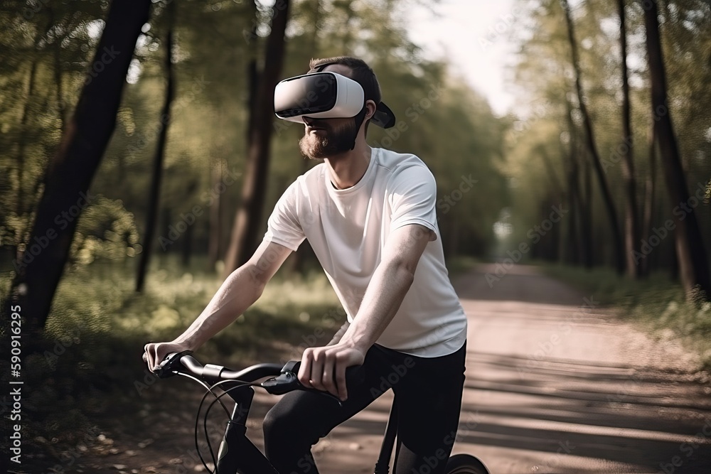 a man rides a bicycle through the park in sunglasses, generative AI. a man rides a bicycle through the park in sunglasses, generative AI.