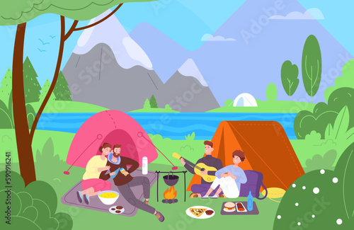 People campground. Family campsite, tourist group friends resting at bonfire on lake or river landscape, campcook outdoor scene travel tent equipment, splendid vector illustration