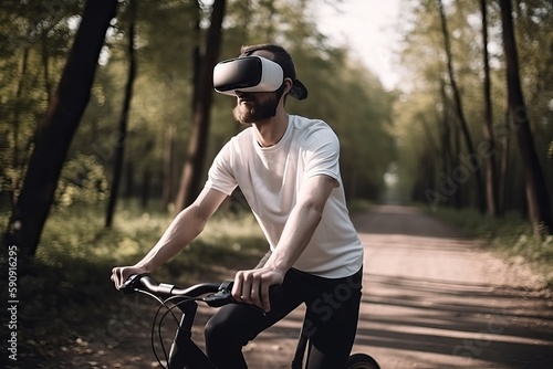 a man rides a bicycle through the park in sunglasses, generative AI.