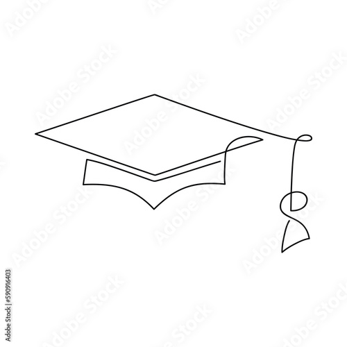 One line continuous drawing. Graduation cap vector illustration. Hand drawn hat linear silhouette icon. Minimal design, print, banner, card, poster, brochure, postcard. Education concept.