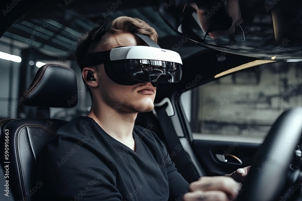 A man sits in a sports car and drives a car with the help of VR glasses, generative AI. A man sits in a sports car and drives a car with the help of VR glasses, generative AI.