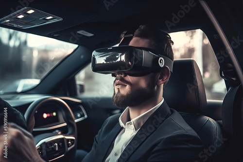 A man sits in a sports car and drives a car with the help of VR glasses, generative AI. © Niko_Dali