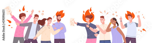 Group dispute. Conflict two team of shout office workers or student opponents debate, anger argument arguing fighting business discussion, disagreement opinion vector illustration