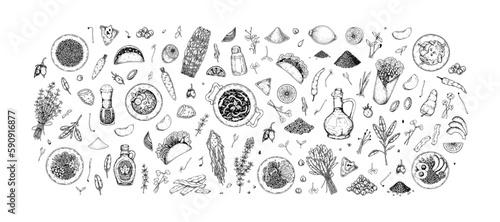 Big set of food, vegetables and greens. Hand drawn vector illustration in sketch style