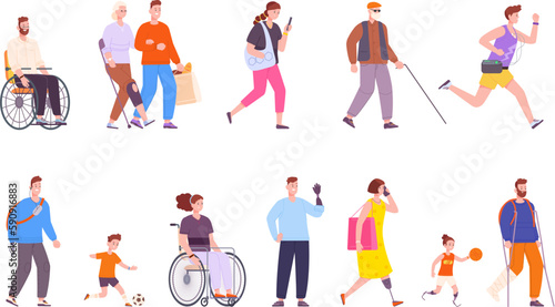 Disabled people characters. Person with diverse disabilities or special needs, handicap positive patient on wheelchair prosthesis