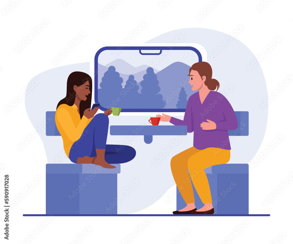 Vector illustration with girls traveling on a train. Cartoon scenes with smiling girls talking, drinking tea, coffee and riding a train isolated on white background. Vector illustration with girls traveling on a train. Cartoon scenes with smiling girls talking, drinking tea, coffee and riding a train isolated on white background.