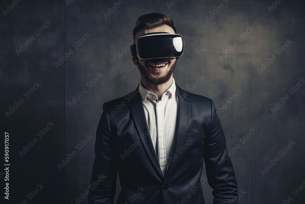 Fototapeta premium A man uses vr glasses in the office for work, an office worker in vr glasses, generative AI.