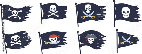 Jolly roger flag. Pirate black flags with skull and crossbones emblem flying on wind for pirates ship nautical travel, piratin skulls bones logo set ingenious vector illustration